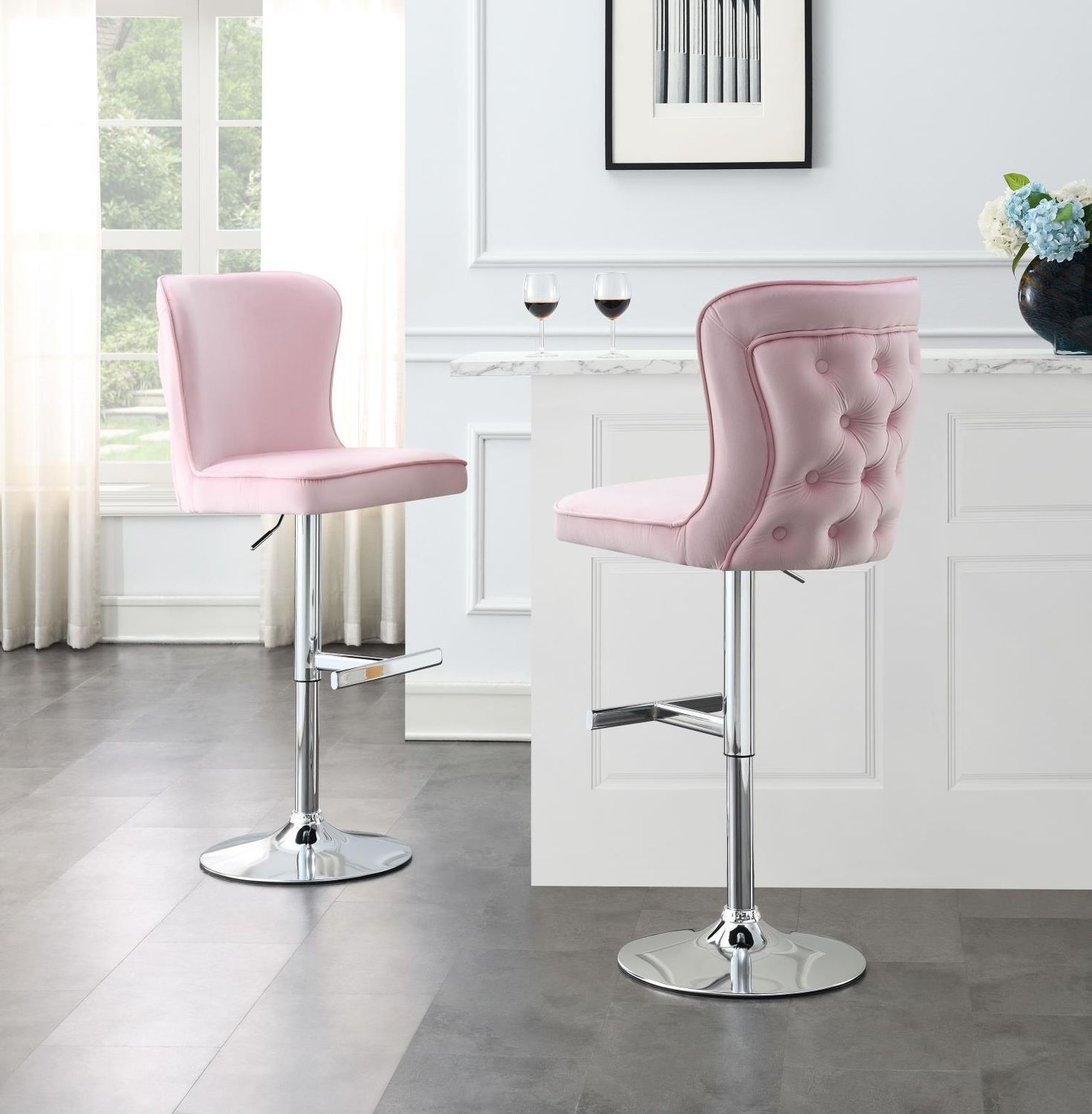 ST110 - Velvet Bar Stool (Set of 2), Color: Pink