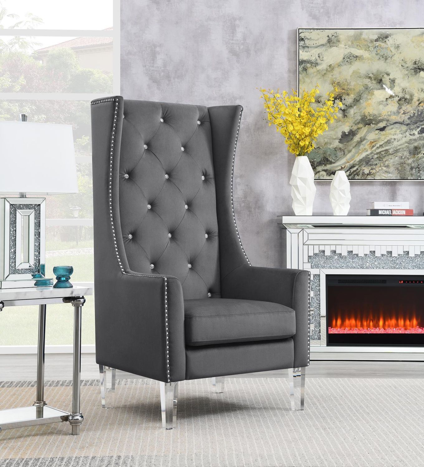 D2091 - High Back Velvet Wing Chair With Acrylic Legs, Color: Gray