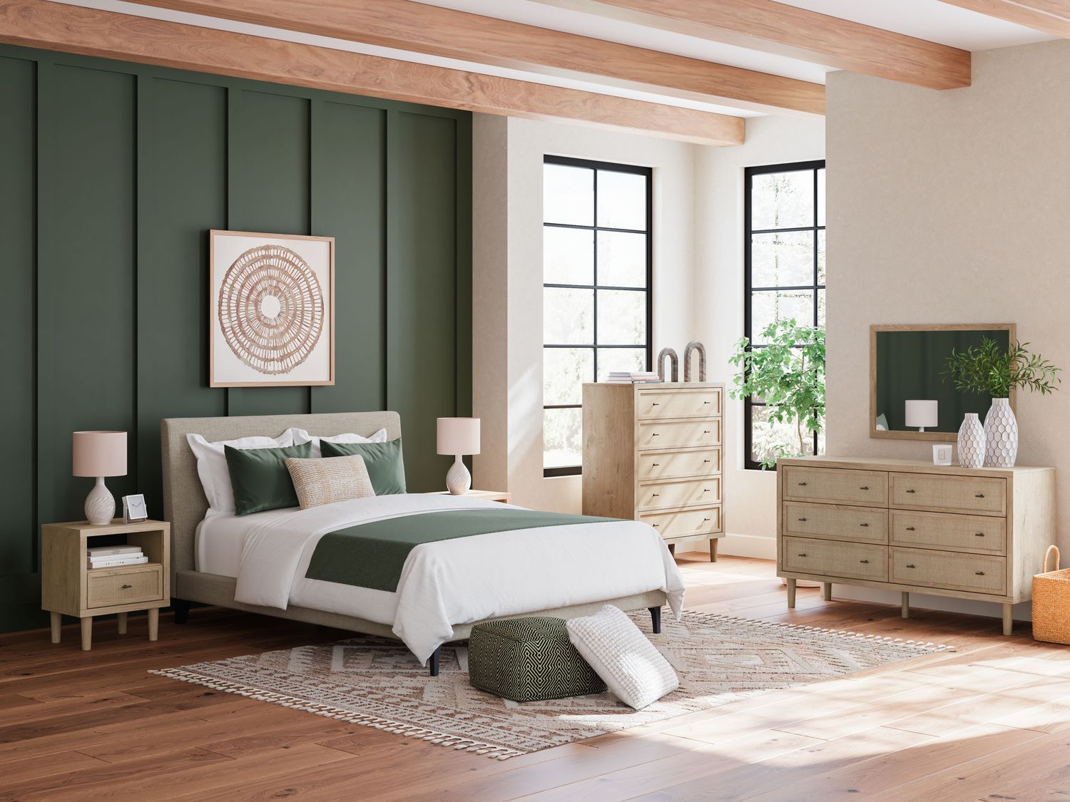 Cielden - Upholstered Bedroom Set, Sets: 4 Pc. Bed, Dresser, Mirror, Chest, Size: Queen