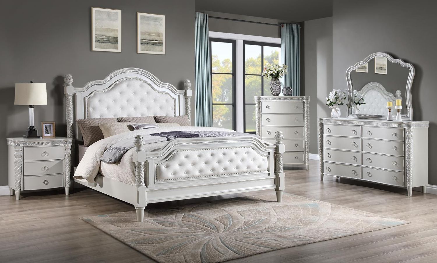 B033 - Bedroom Set, Sets: 5 Pc. Bed, Dresser, Mirror, Chest, Nightstand, Size: King