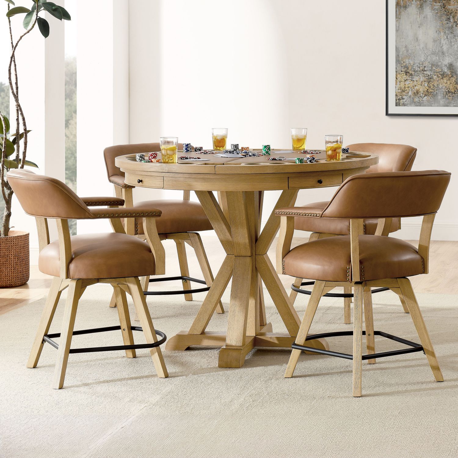Rylie - Counter Dining Set, Color: Light Brown, Sets: 6 Pc. Table, Game Top, 4 Captains Chairs