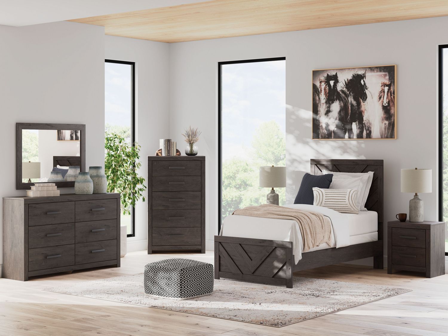 Prendonea - Panel Bedroom Set, Sets: 5 Pc. Bed, Dresser, Mirror, Chest, Size: Twin