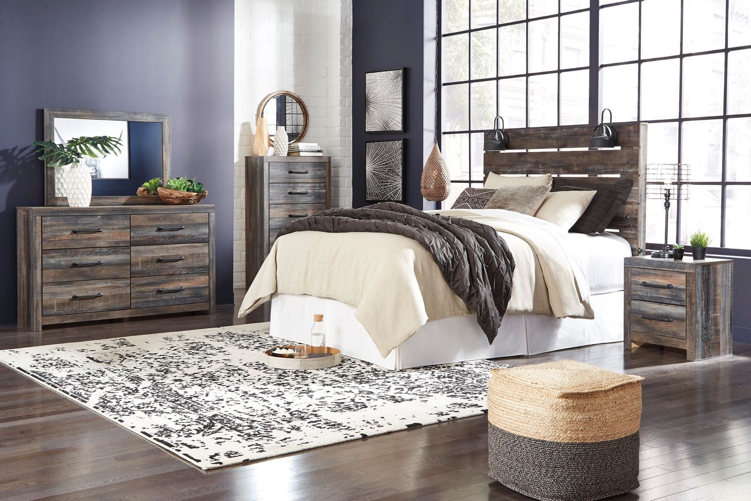 Drystan - Bedroom Set, Color: Beige, Sets: 5 Pc. Panel Headboard, Dresser, Mirror, Chest, Nightstand, Size: Queen