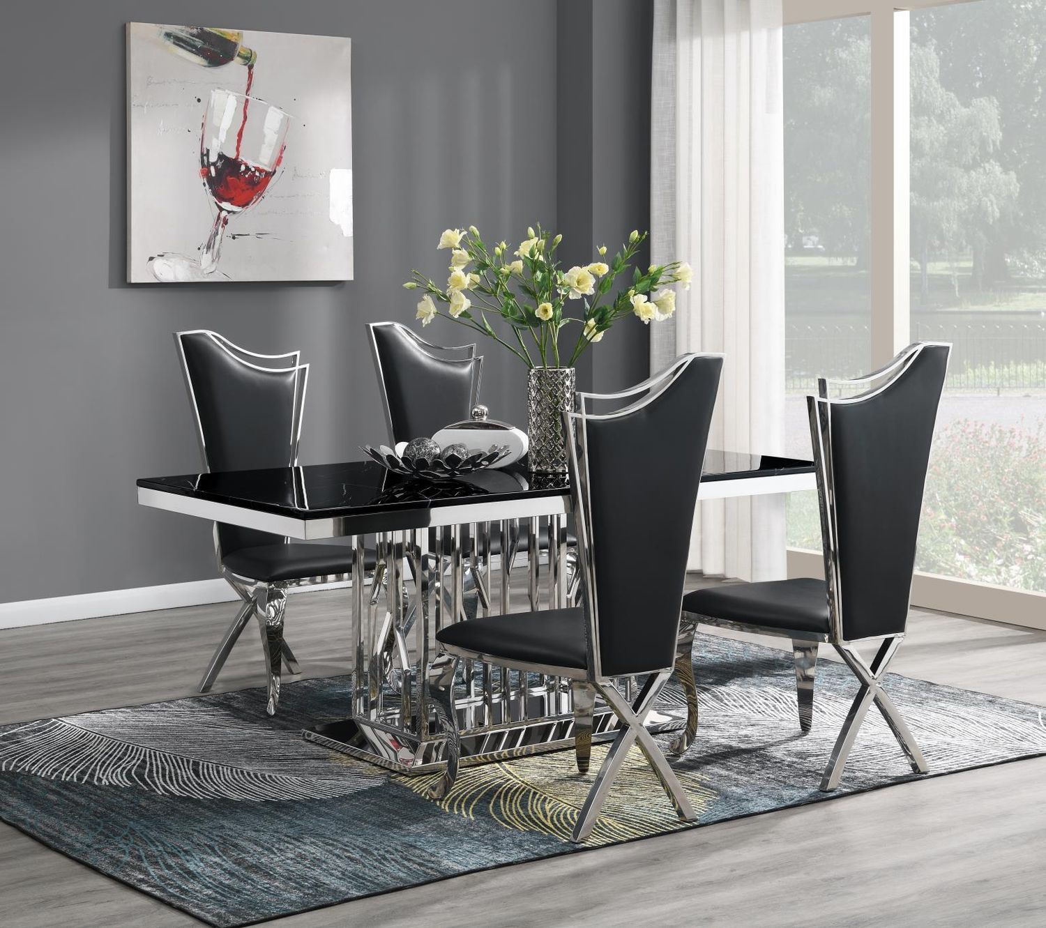 G-081-T-BLACK - Dining Room Set, Color: Black, Material: Leather, Sets: 5 Pc. Table, 4 Chairs