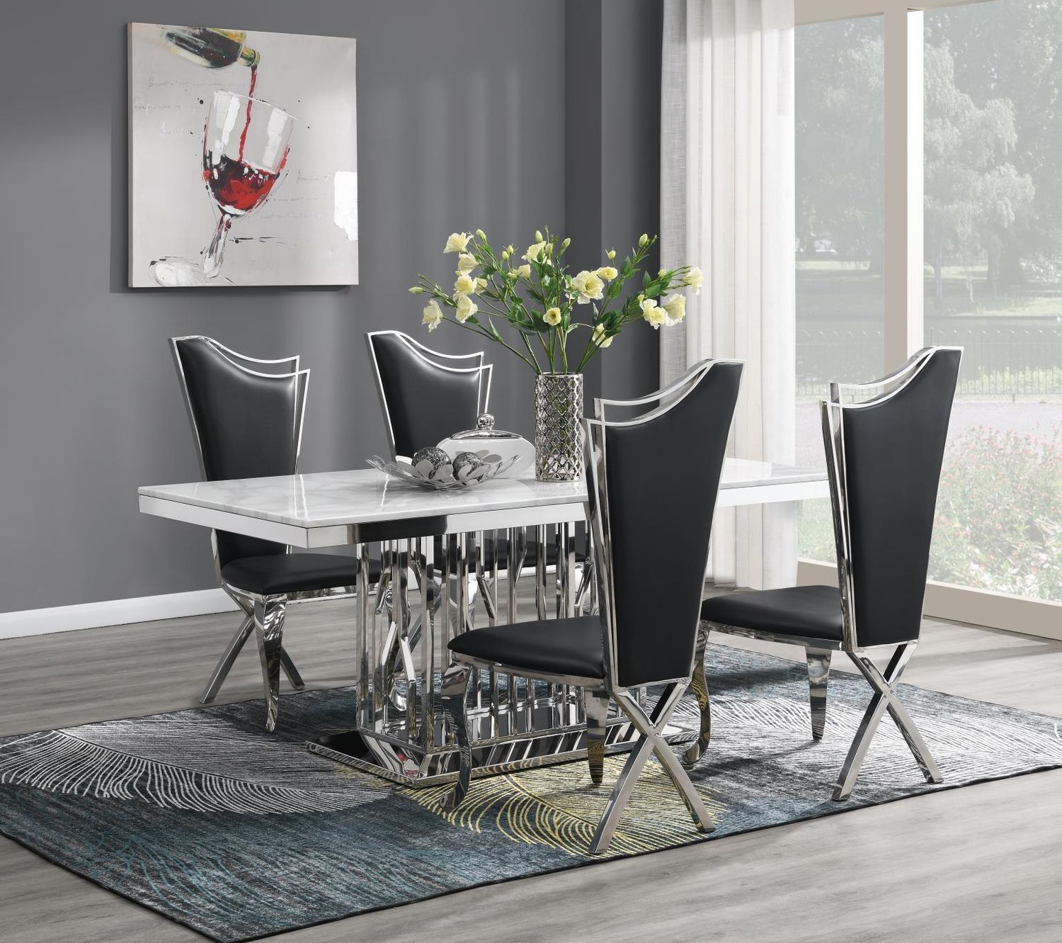 G-081-T-WHITE - Dining Room Set, Color: Black, Material: Leather, Sets: 5 Pc. Table, 4 Chairs