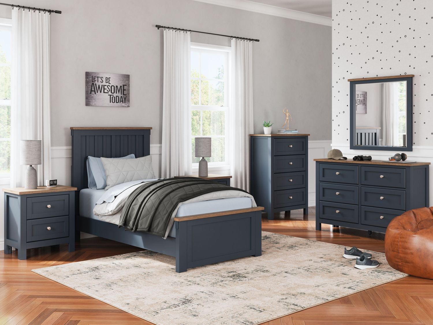Landocken - Panel Bedroom Set, Sets: 6 Pc. Bed, Dresser, Mirror, Chest, Size: Twin