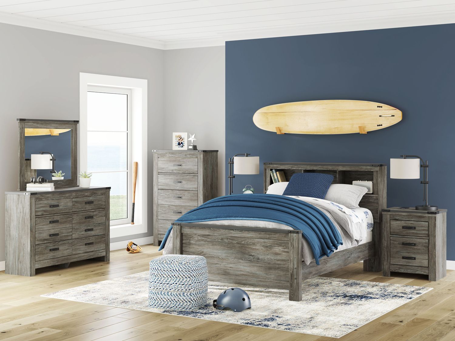 Frandern - Bookcase Panel Bedroom Set, Sets: 6 Pc. Bed, Dresser, Mirror, Chest