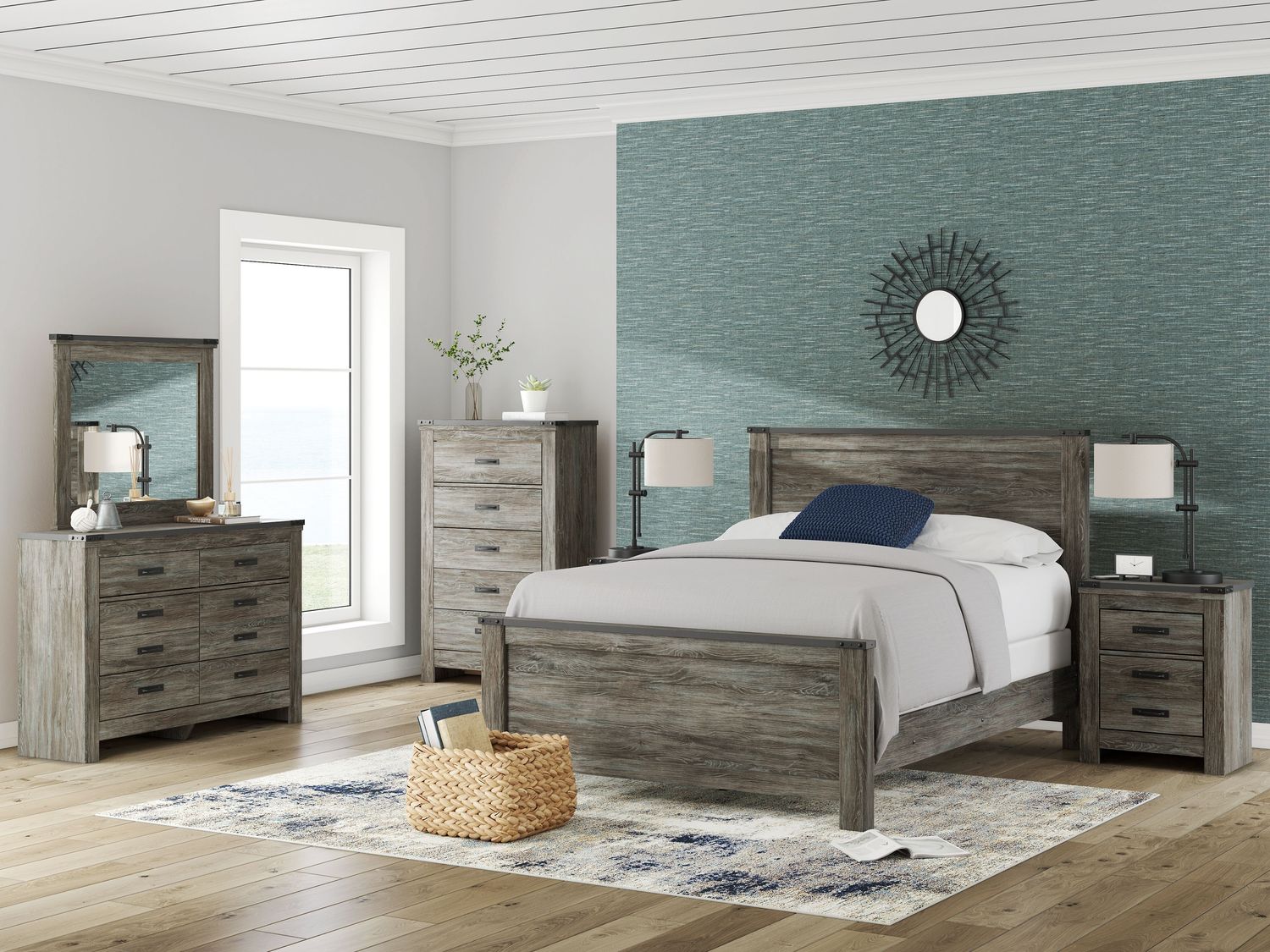 Frandern - Panel Bedroom Set, Sets: 6 Pc. Bed, Dresser, Mirror, Chest, Size: Queen