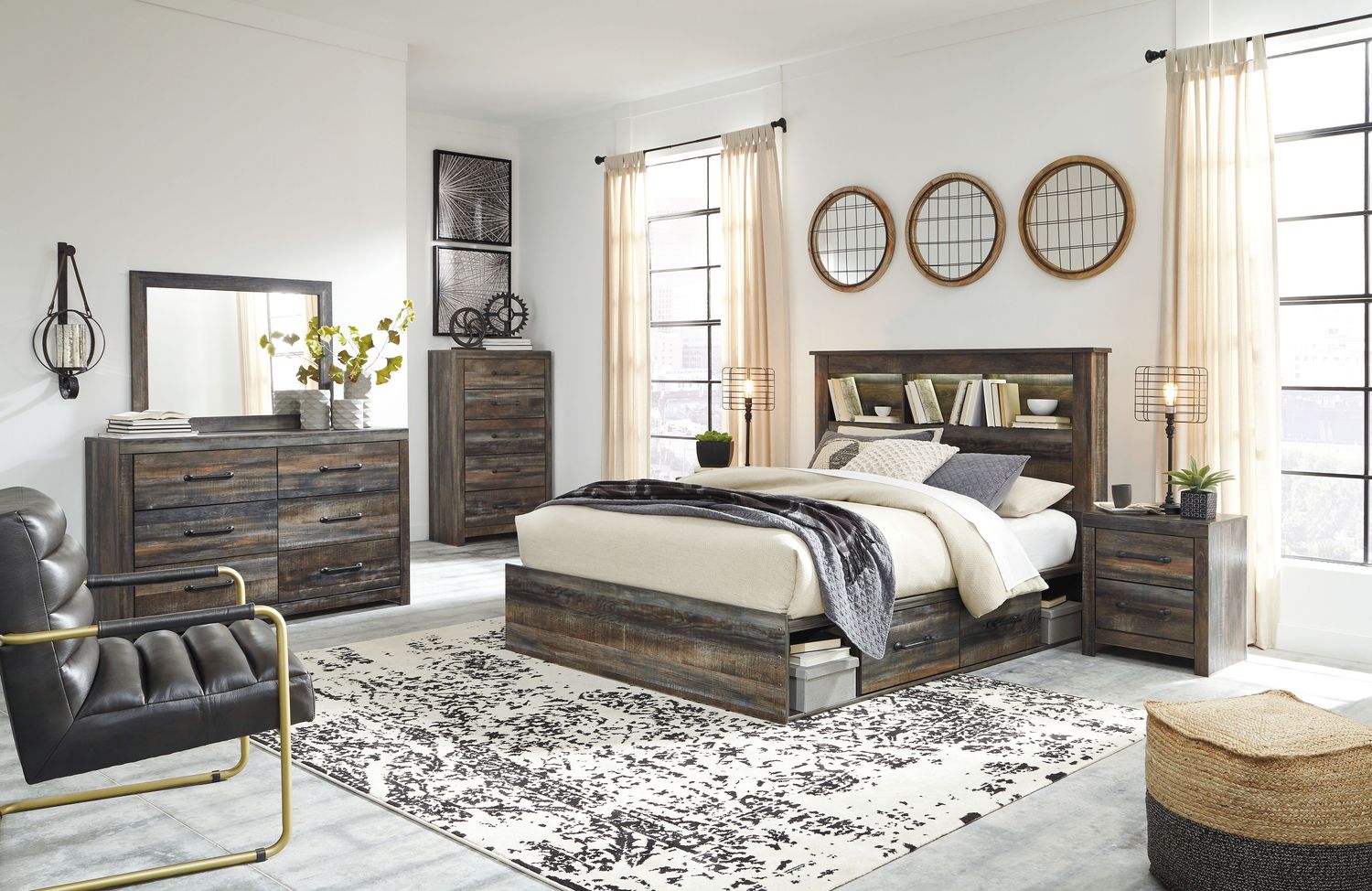 Drystan - Bookcase Bed Set, Sets: 8 Pc. Bed, Dresser, Mirror, Chest
