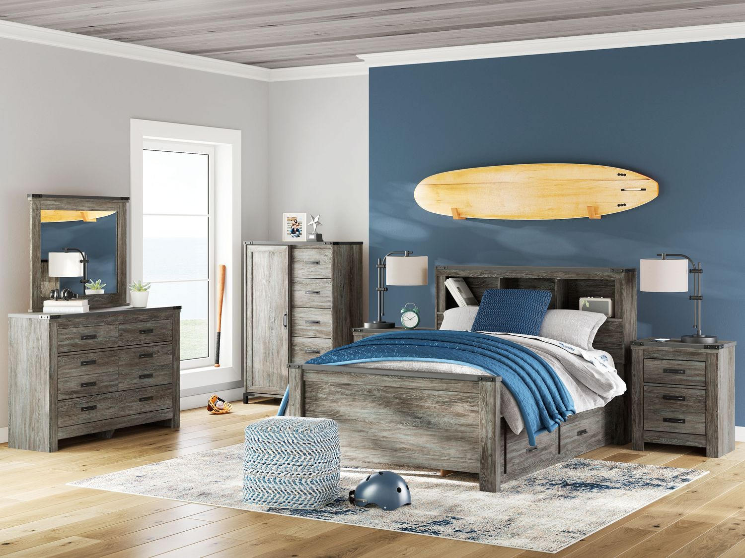 Frandern - Bookcase Panel Bedroom Set With Storage, Sets: 7 Pc. Bed, Dresser, Mirror, Dressing Chest