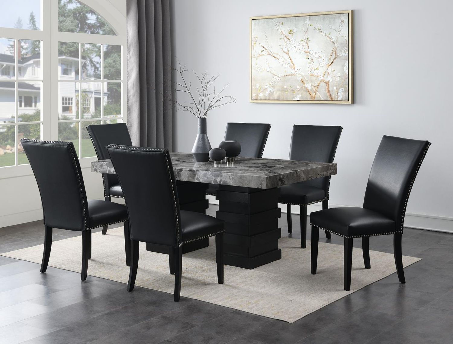D137 - Dining Room Set With Faux Leather Chairs, Color: Black, Sets: 7 Pc. Table, 6 Chairs