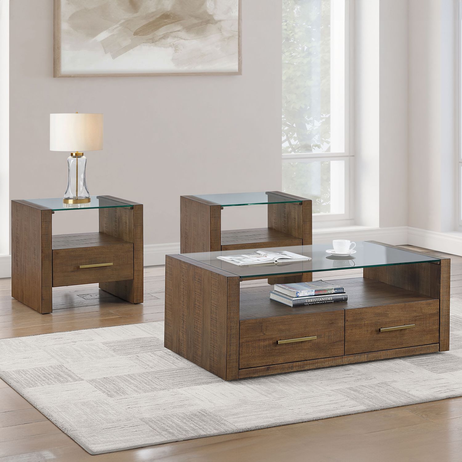 Garland - 3 Piece Table Set, Glass Top, Color: Dark Brown