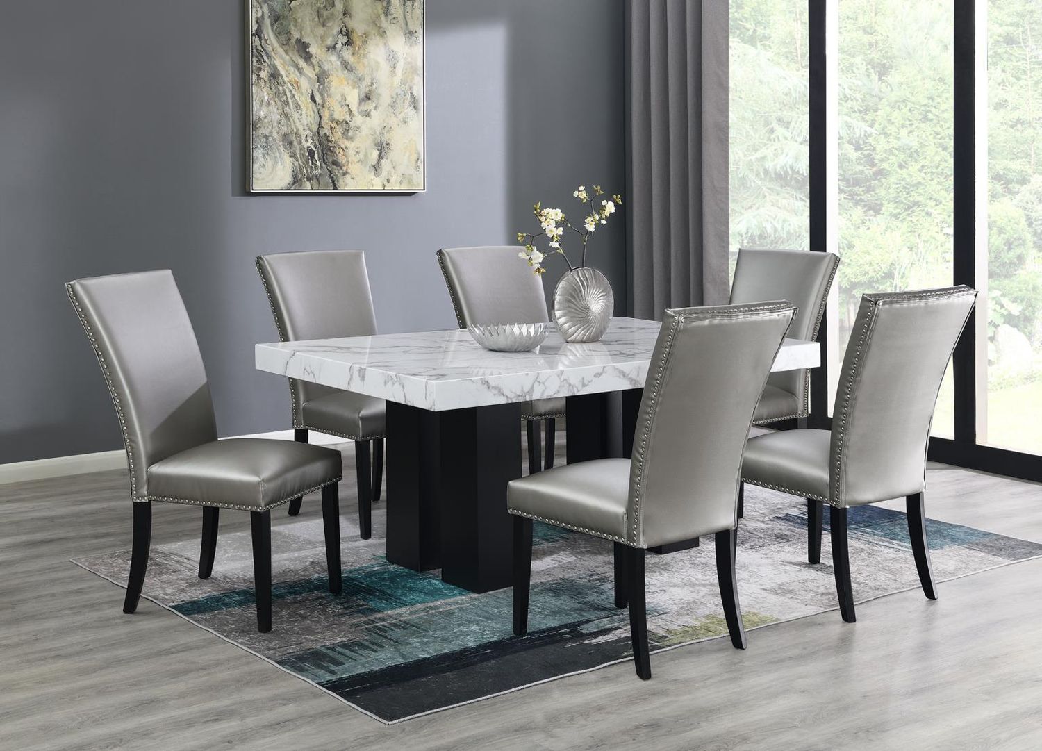 D131 - Dining Room Set, Color: Pearl Silver, Material: Faux Leather, Sets: 7 Pc. Table, 6 Chairs