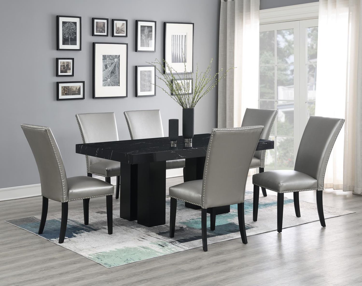 D133 - Dining Room Set With Leather Chairs, Color: Pearl Silver, Sets: 7 Pc. Table, 6 Chairs