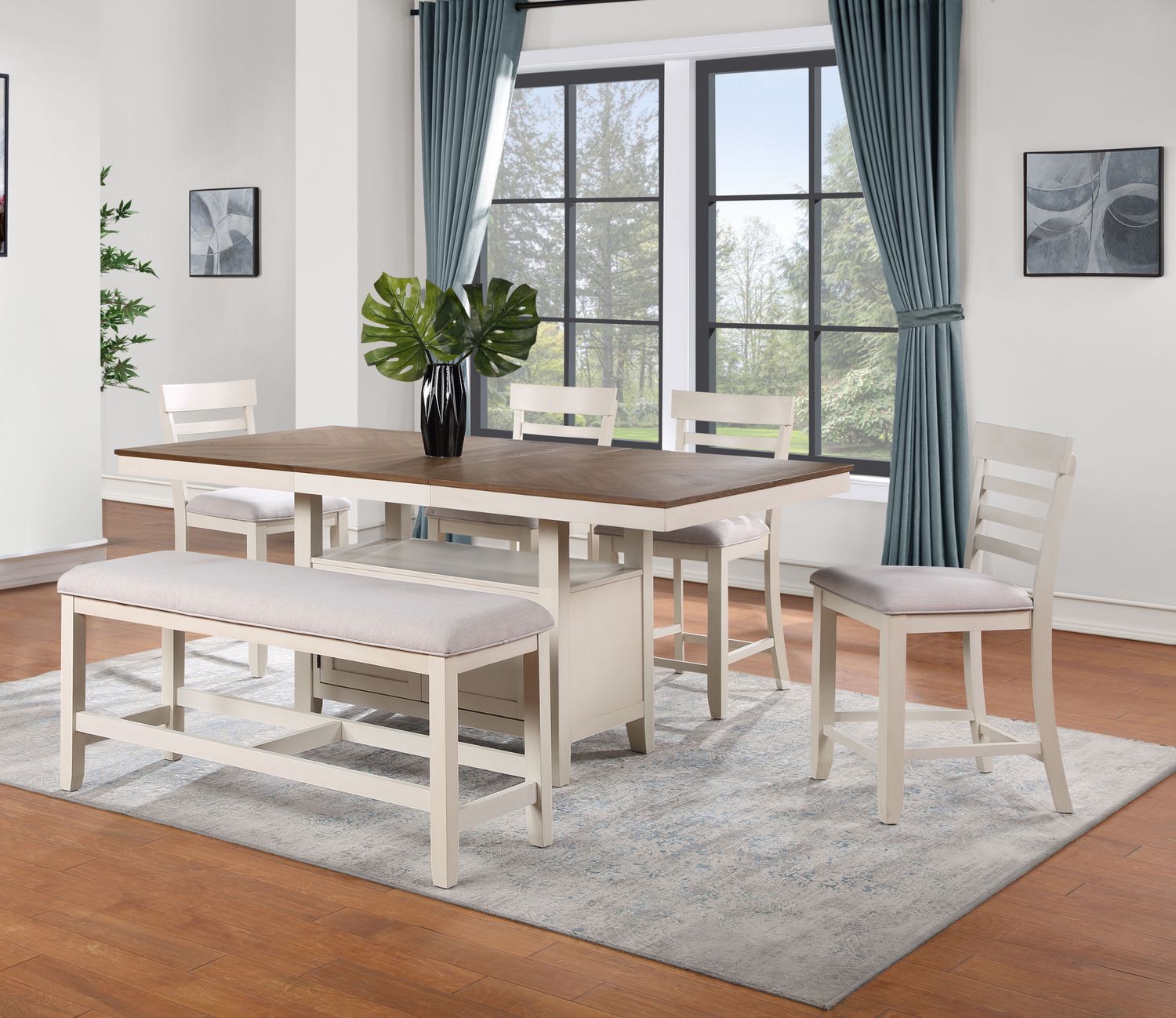 Hyland - Dining Set, Color: White, Sets: 6 Pc. Table, 4 Chairs, Bench