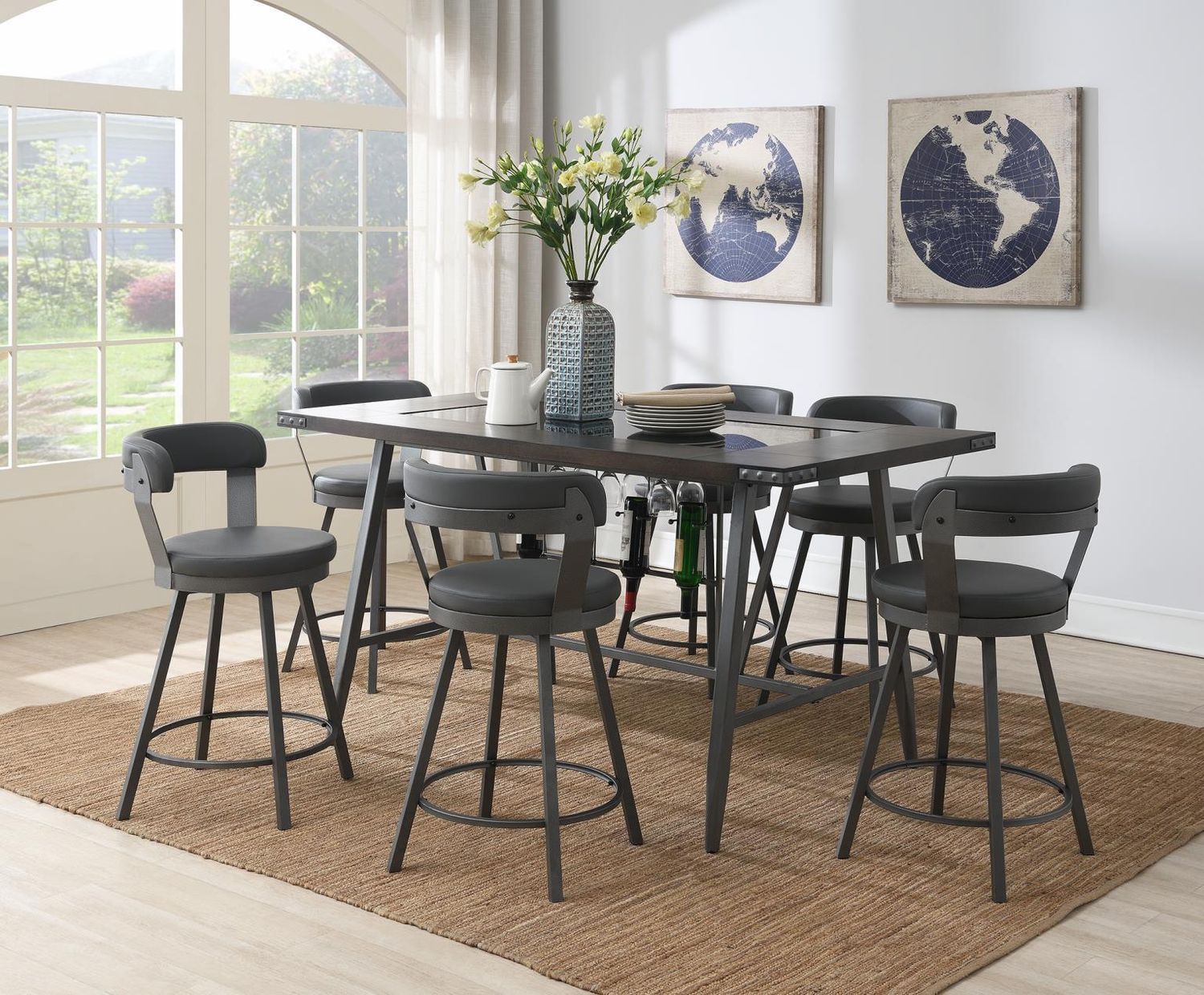 D208 - Dining Room Set, Color: Dark Gray, Sets: 7 Pc. Table, 6 Chairs