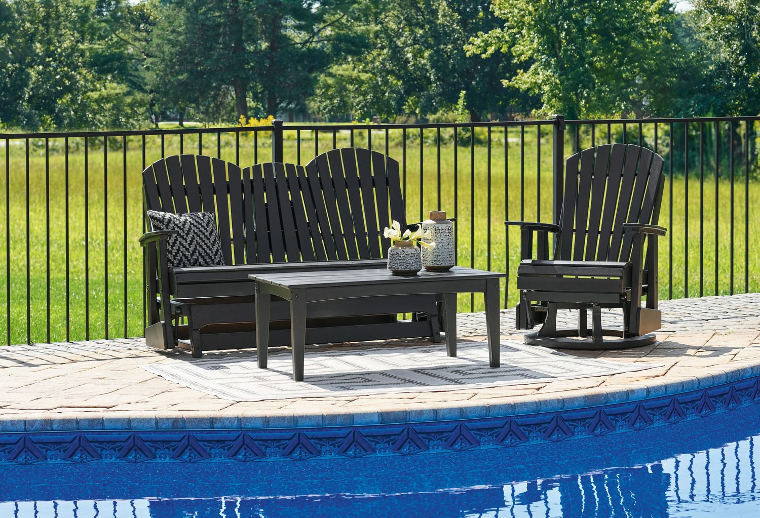Hyland Wave - Outdoor Set, Color: Black, Sets: 3 Pc. Loveseat, Swivel Chair, Cocktail Table