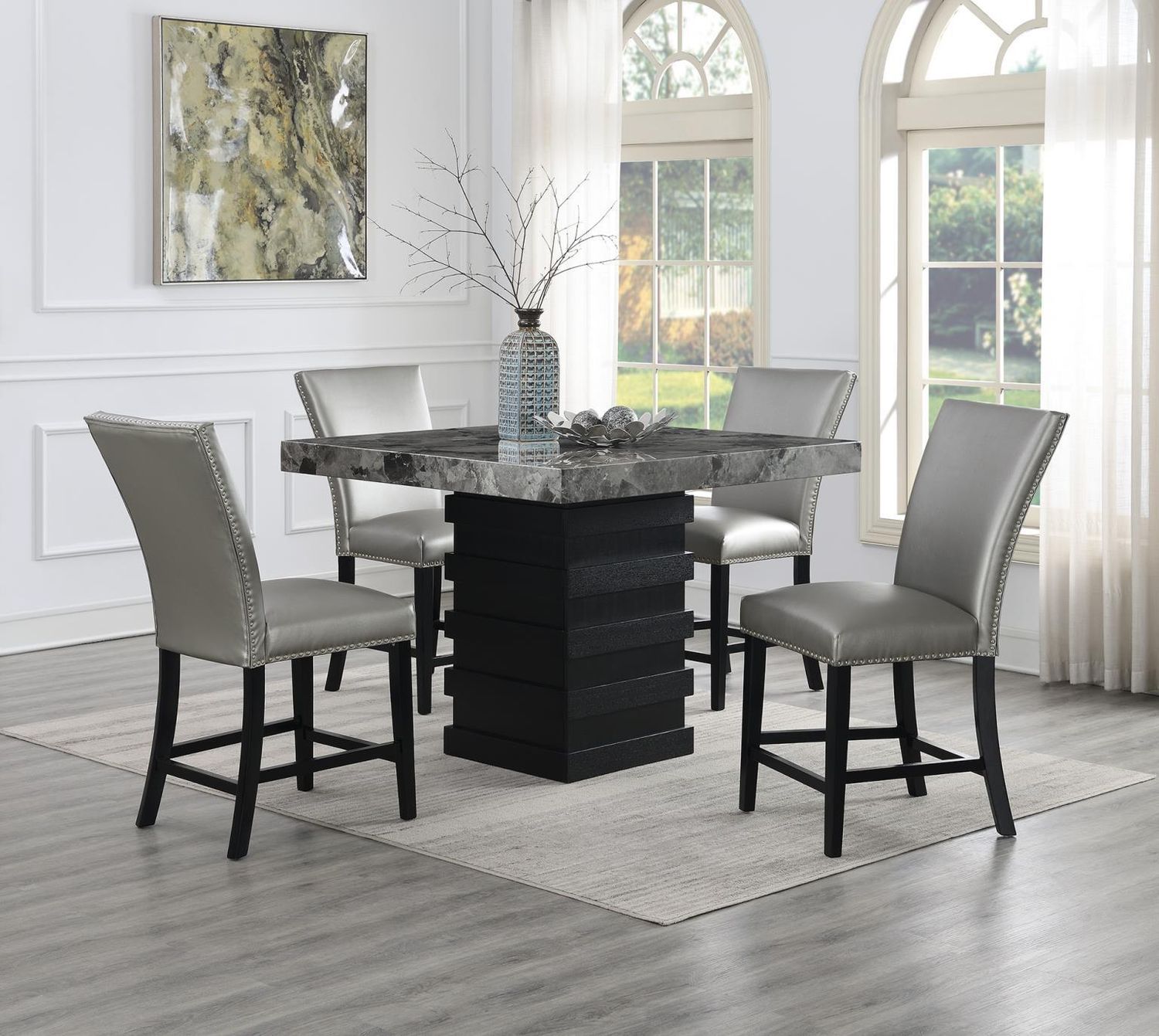 D136 - Dining Room Set With 4 Faux Leather Chairs, Color: Pearl Silver