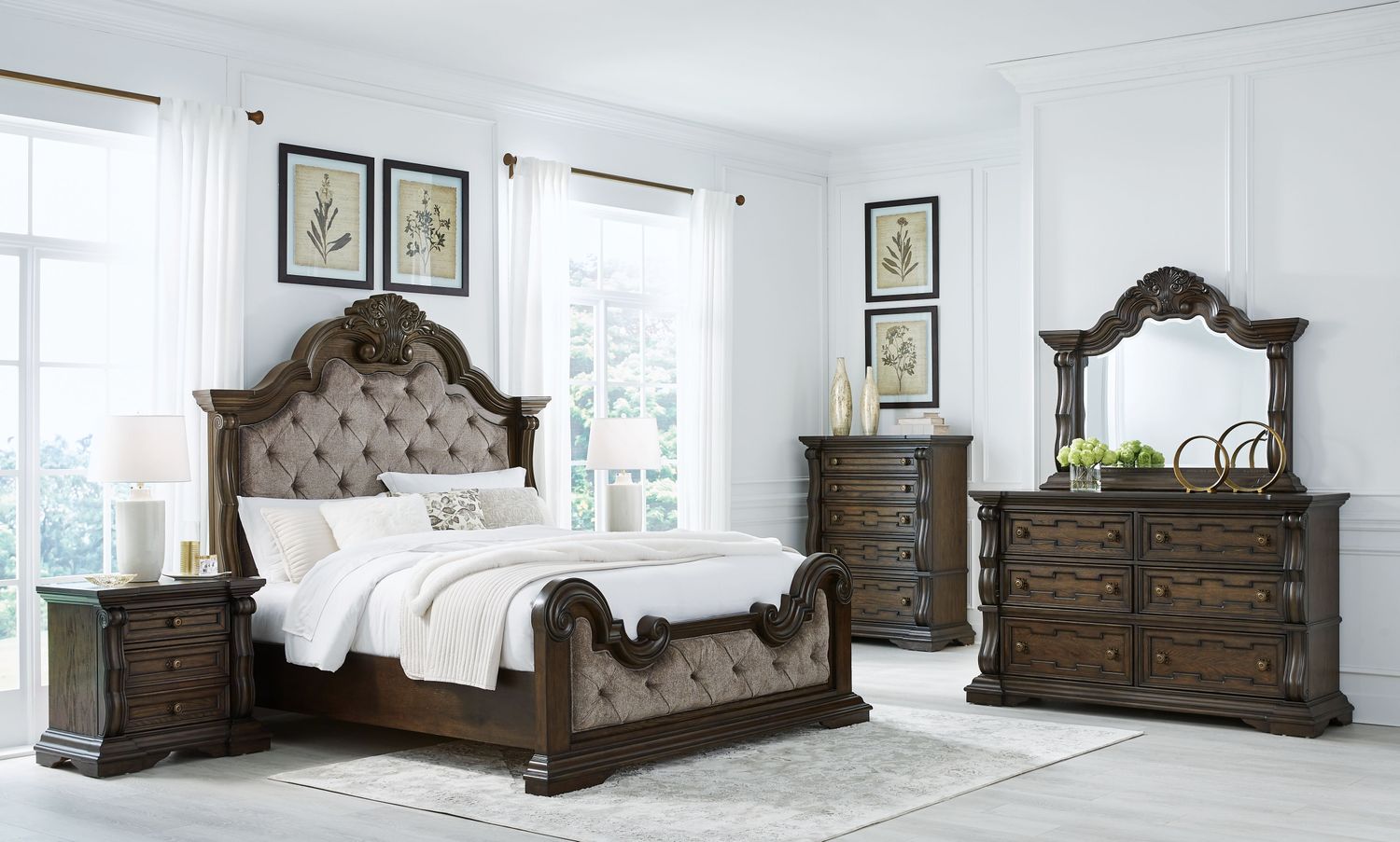 Maylee - Upholstered Bedroom Set, Sets: 6 Pc. Bed, Dresser, Mirror, Chest, Size: California King
