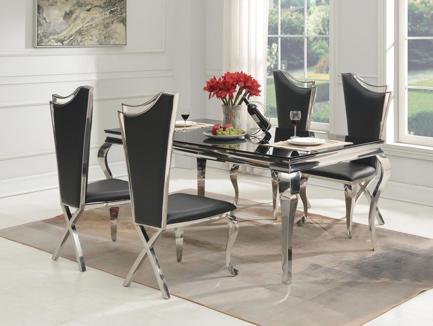G-106 - Dining Room Set, Color: Black, Sets: 5 Pc. Table, 4 Faux Leather Chairs