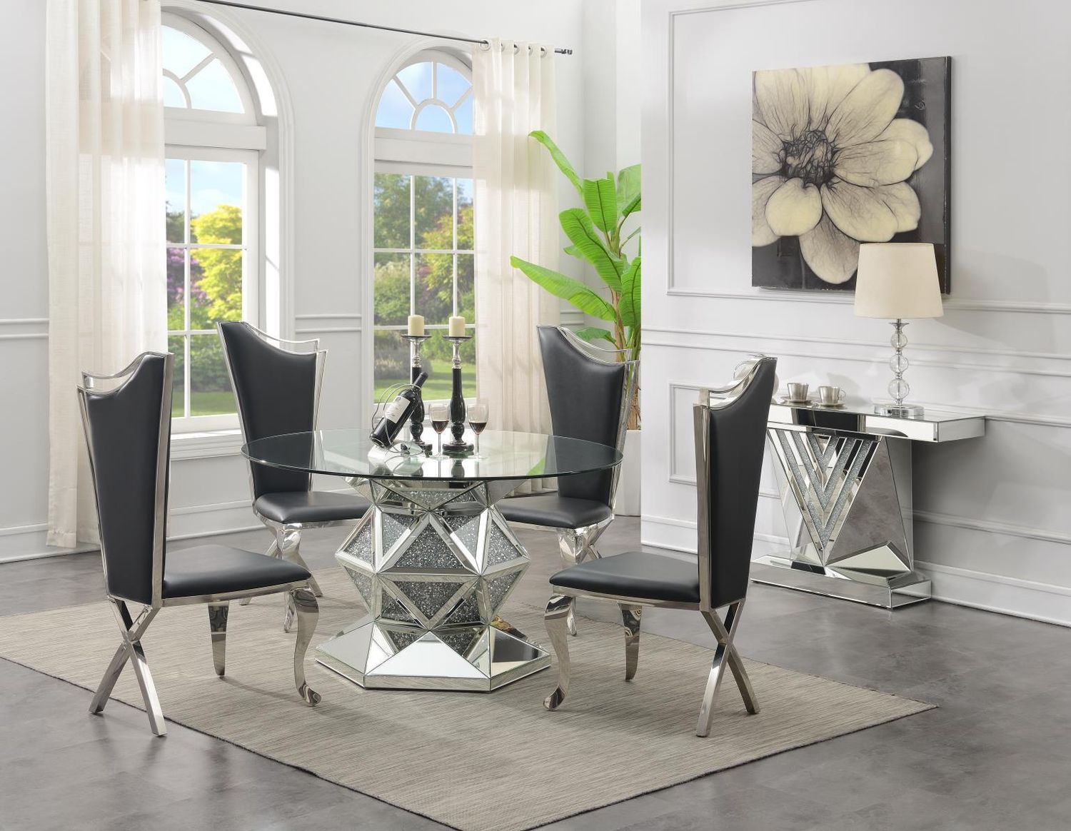 G-102 - Dining Room Set, Color: Black, Sets: 5 Pc. Table, 4 Leather Chairs