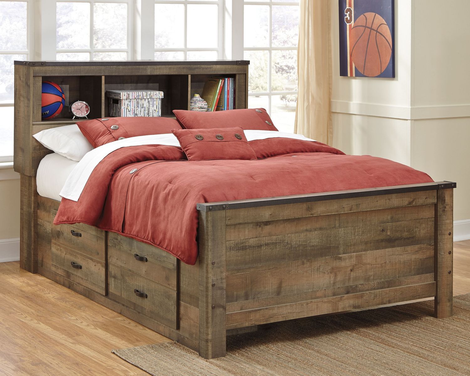 Trinell - Bookcase Storage Bed, StorageOption: 2 Side Storage Drawers