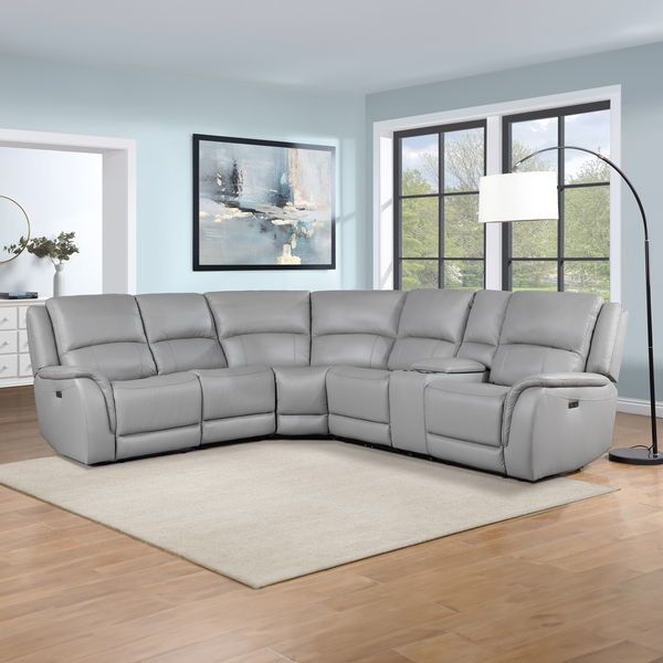 Alexandria - Leather Power Sectional, Color: Gray, Configuration: 6 Piece Sectional