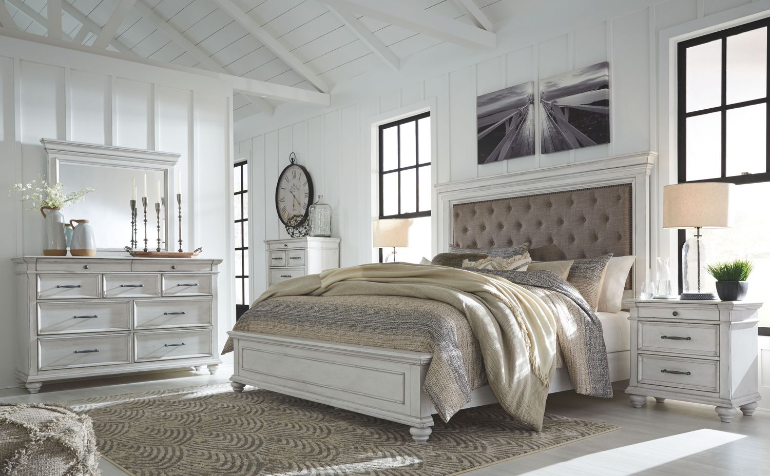 Kanwyn - Upholstered Bedroom Set, Sets: 5 Pc. Bed, Dresser, Mirror, Size: Queen, StorageOption: None