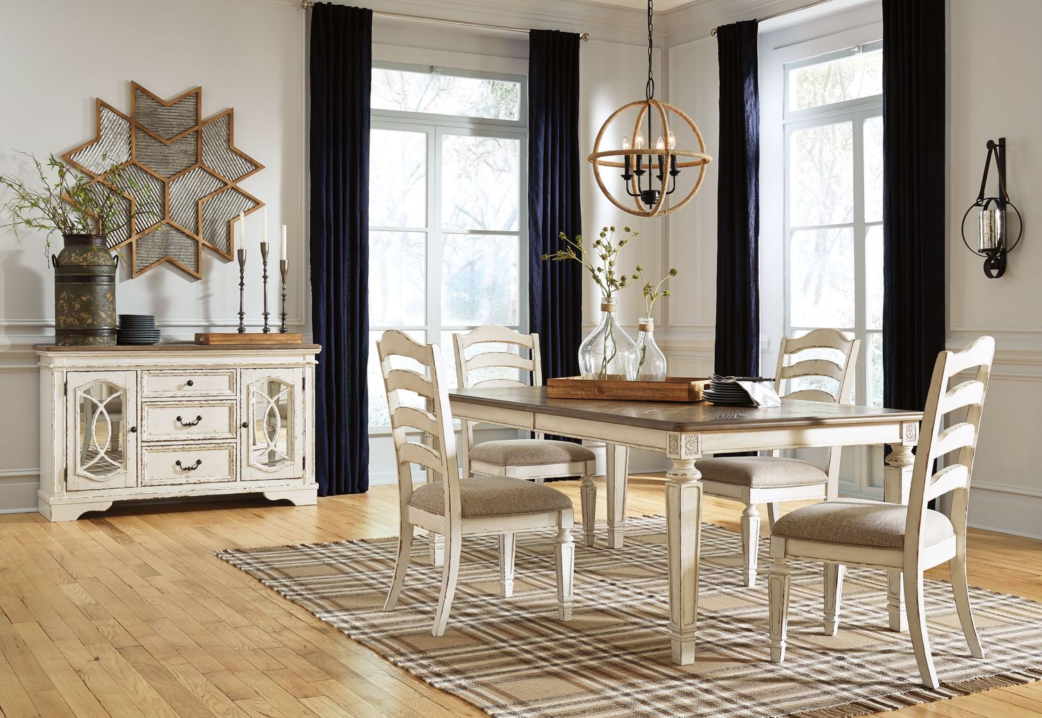 Realyn - Rectangular Dining Table Set, Sets: 6 Pc. Table, 4 Chairs, Server
