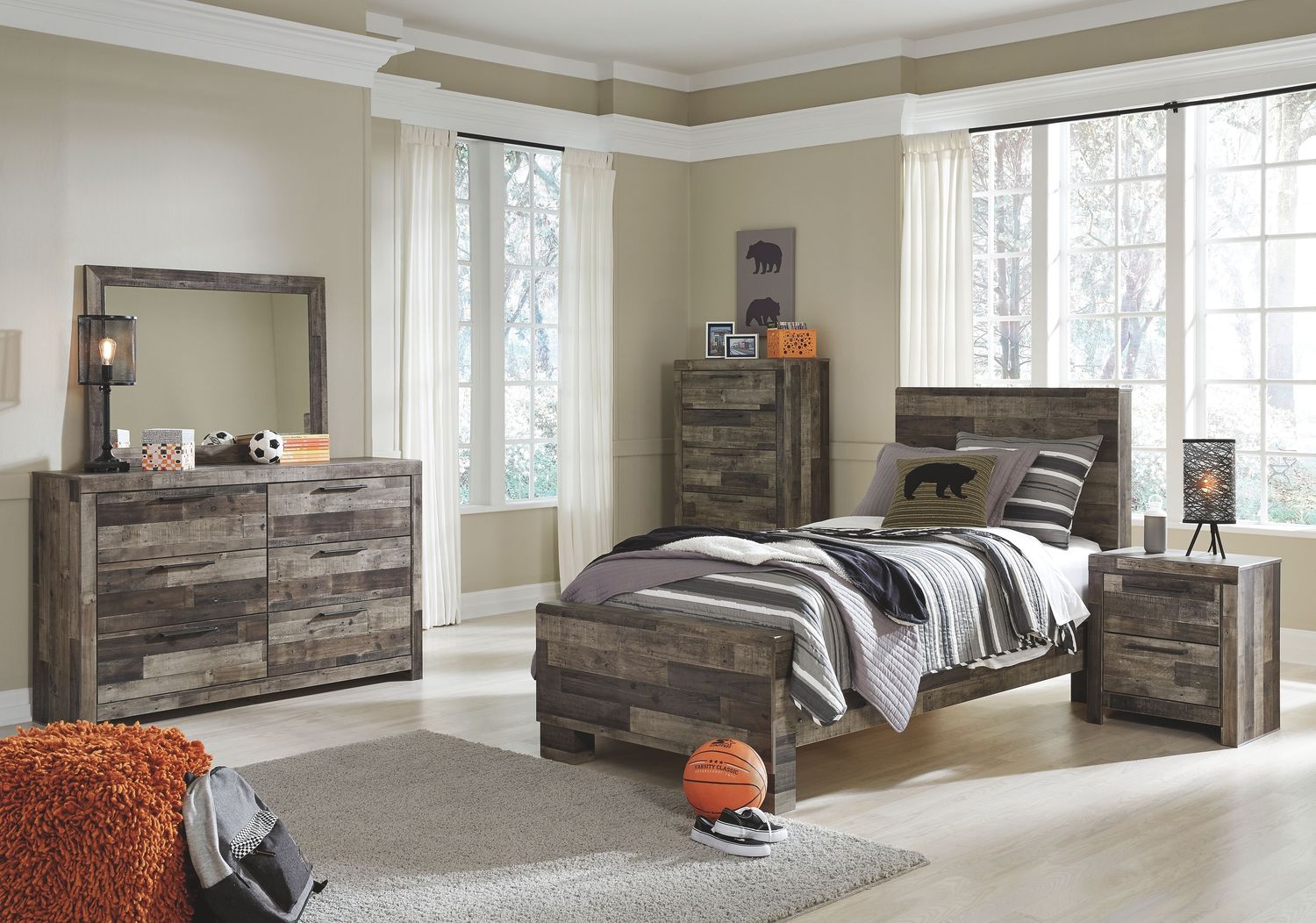 Derekson - Youth Panel Bedroom Set, Sets: 6 Pc. Bed, Dresser, Mirror, Chest, Size: Twin, StorageOption: None