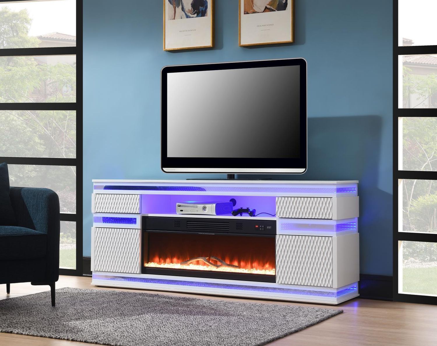 W036-TV - Fire Place TV Stand With Bluetooth Speaker, Multi Colors, RGB LED Light - White