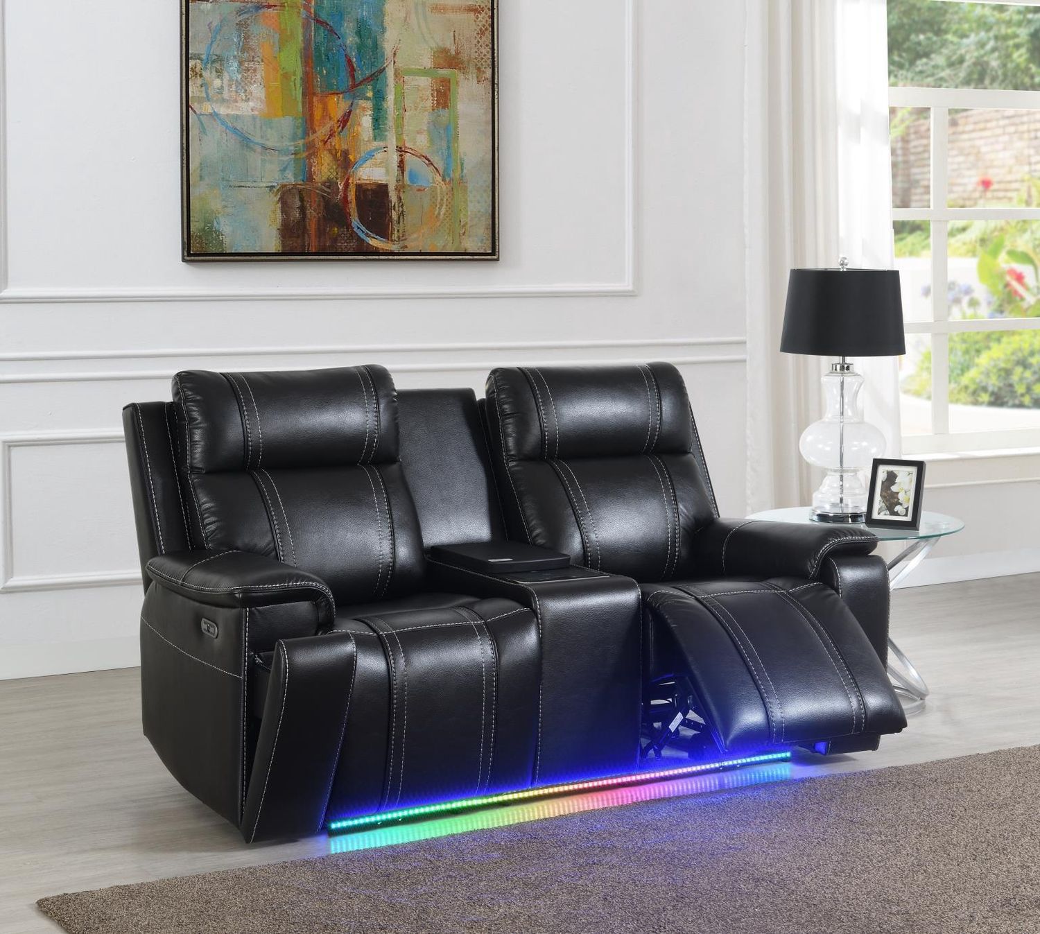 U68 - LED Power Reclining Loveseat With Console &amp; Fridge,Wireless Charger, With Vibrator Arms - Black
