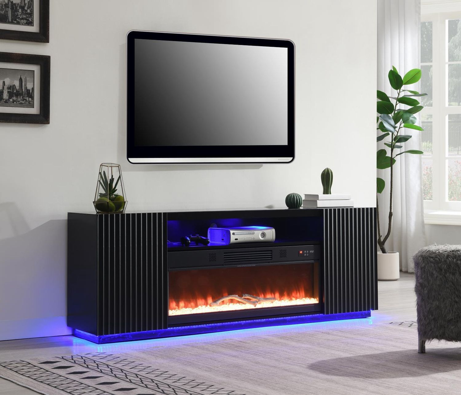 W038-TV - Fire Place TV Stand With Bluetooth Speaker, Heater, 7 Colors Colors, RGB Downlight, RGB LED Lights - Black
