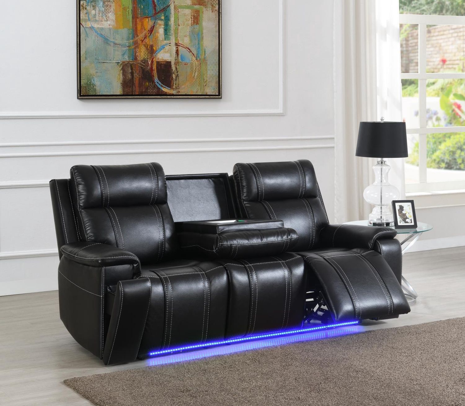 U68 - LED Power Reclining Sofa With EMM Control Panel, Dropdown Table, Bluetooth Speaker &amp; Wireless - Black