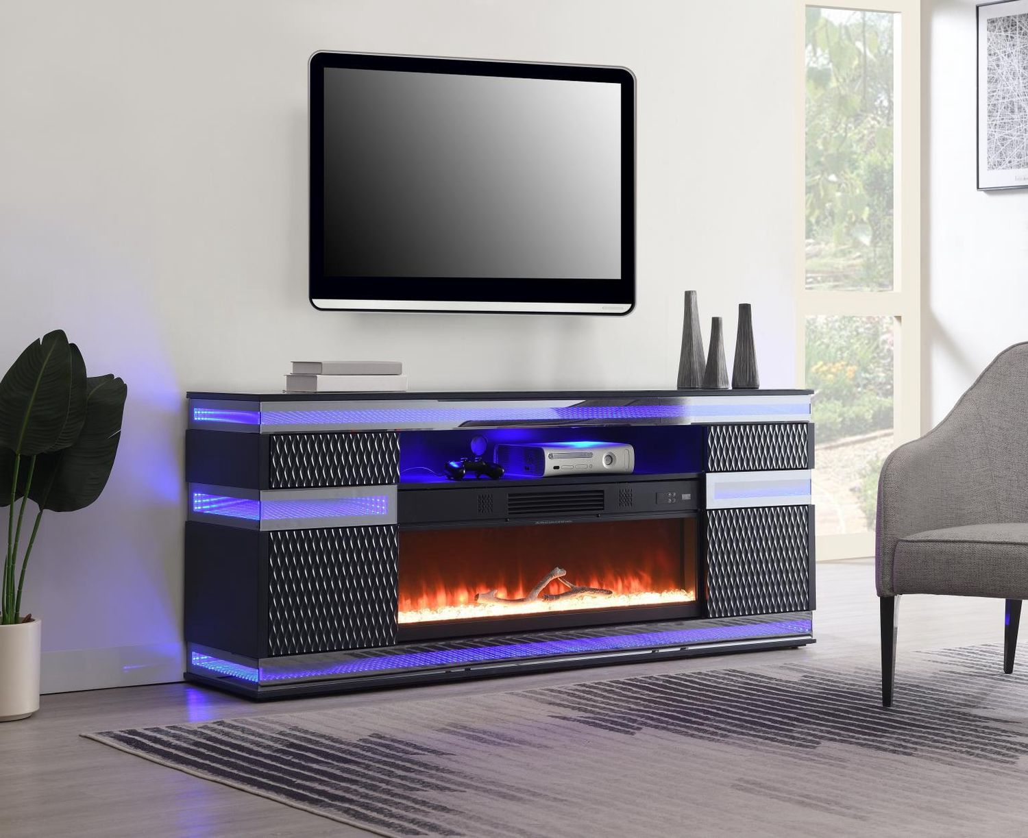 W035-TV - Fire Place TV Stand With Bluetooth Speaker, Multi Colors, RGB LED Light - Gray