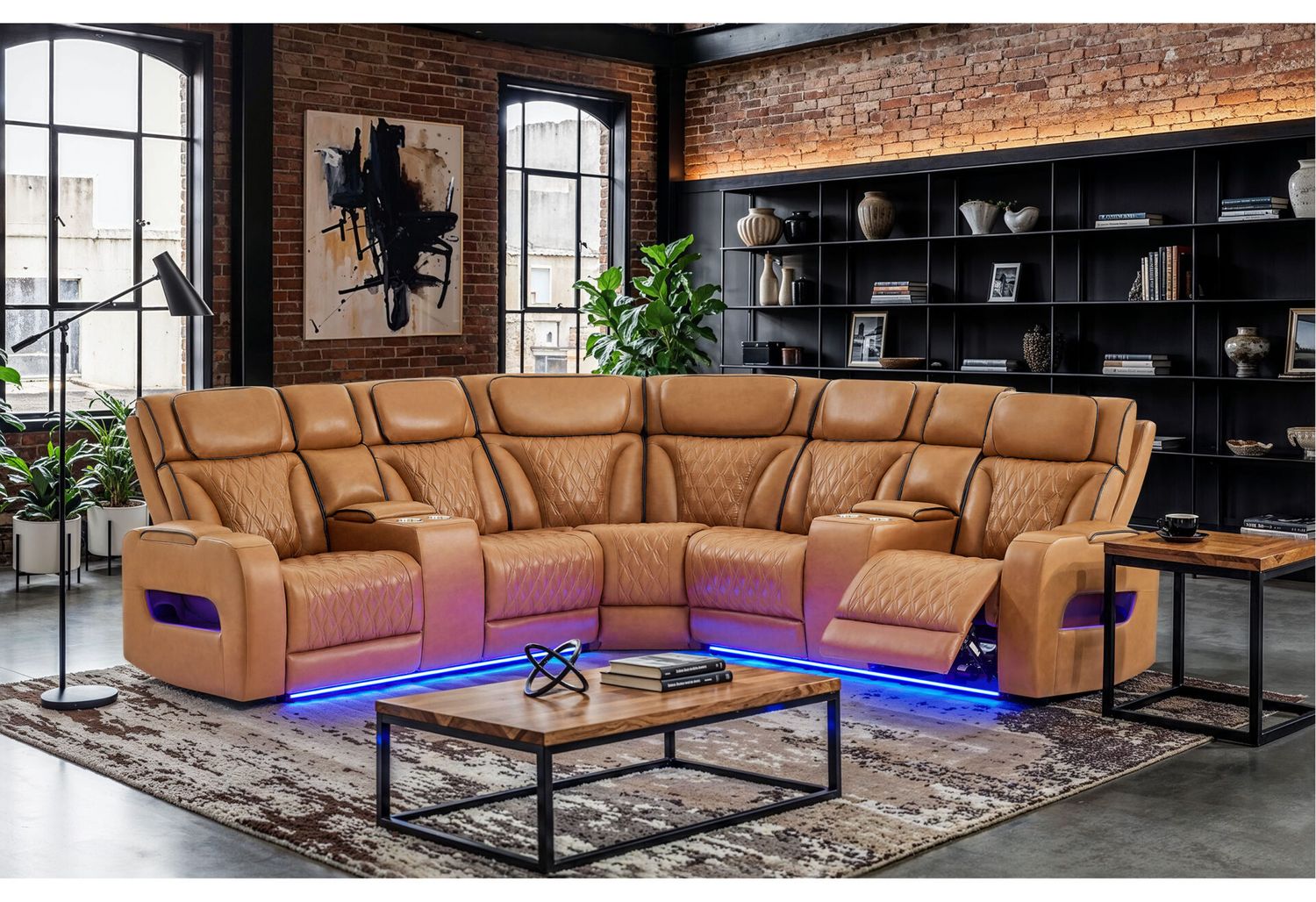 CAMEL SECTIONAL WITH POWER HEADREST, CONTINUOUS LED AND SPEAKER