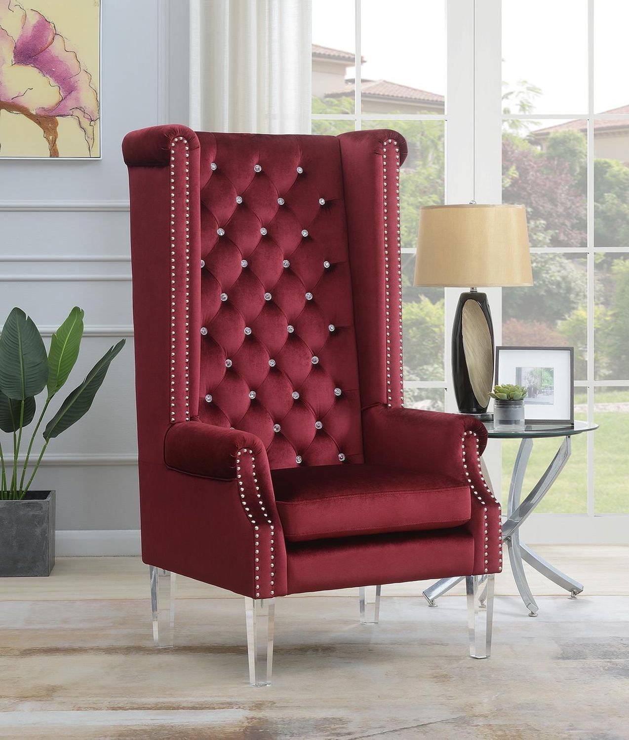 D2090 - High Back Velvet Wing Chair With Acrylic Legs - Burgundy - Red