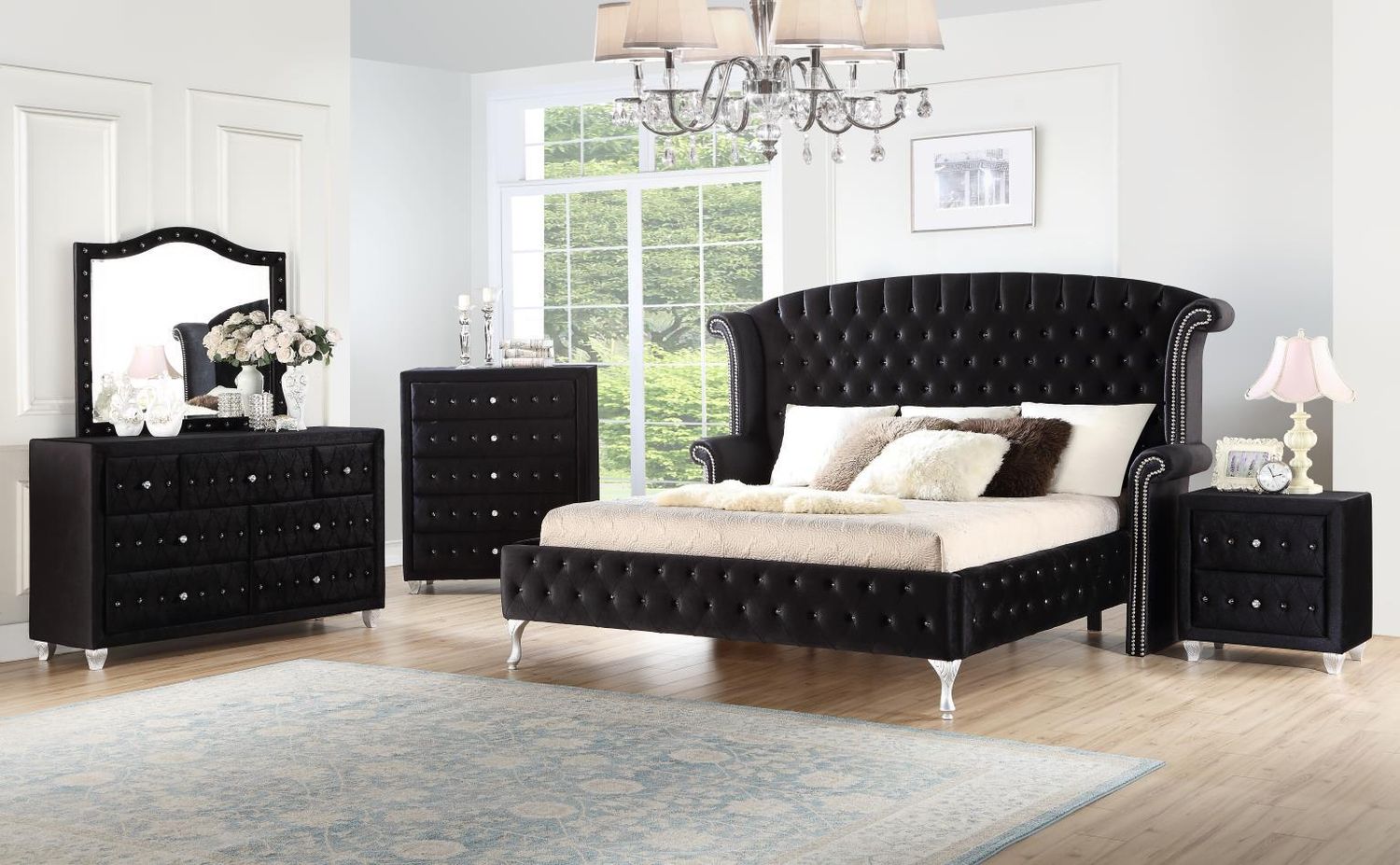 B038 - Velvet Queen Bed - Black - Black / Queen