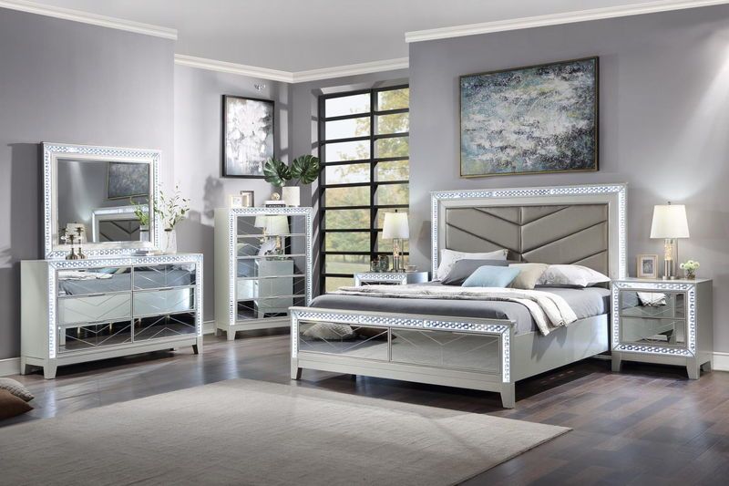 B030 - LED Queen Bed - Platinum Silver - Pearl Silver / Queen