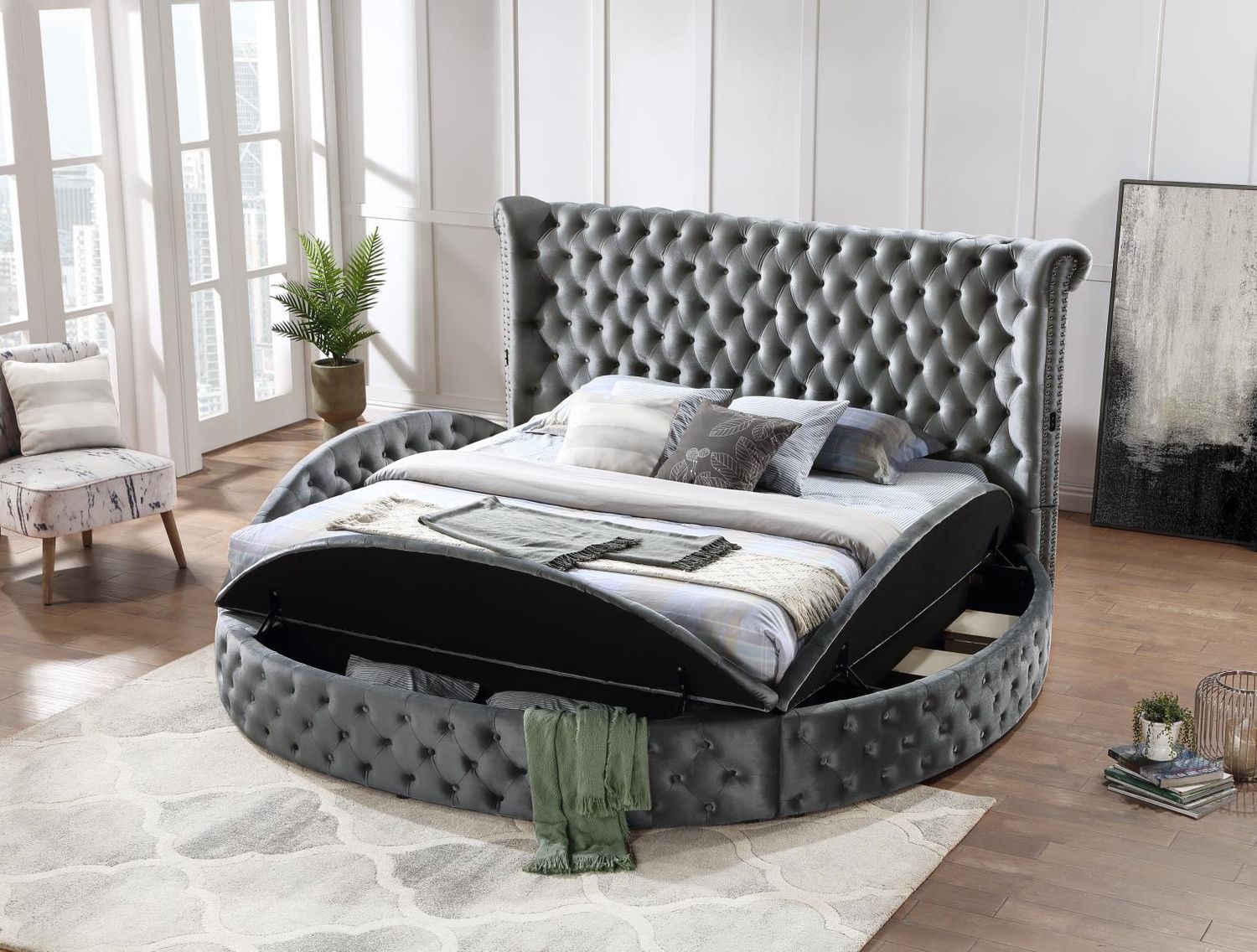 B546 - Velvet Queen Bed With Bluetooth Speaker &amp; USB - Gray