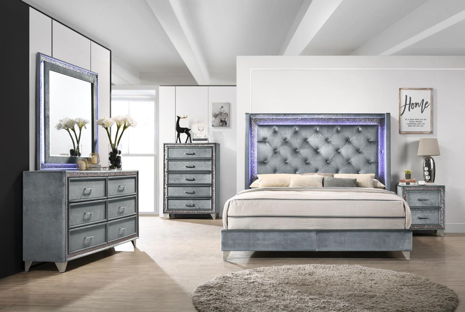 B278 - Velvet LED Queen Bed - Gray - Gray / Queen