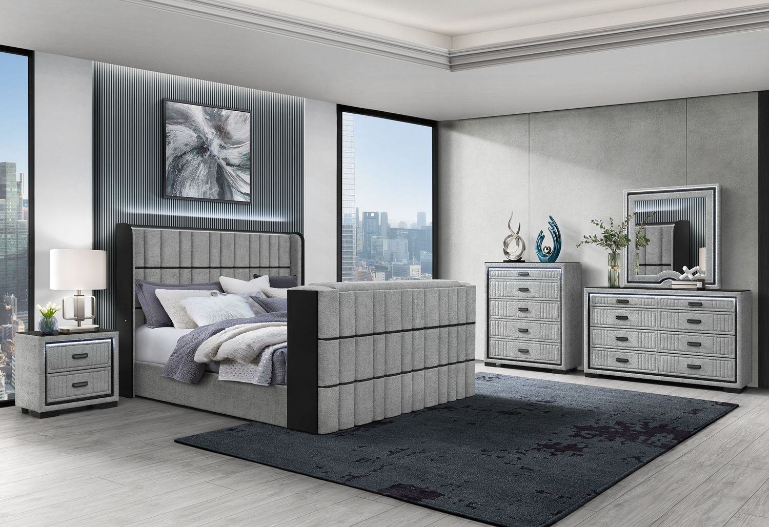 Isabella - 5 Piece Queen Bedroom Set (Queen Bed With LED, TV Lift, Bluetooth Speaker And Firpeplace Crystal) - Gray