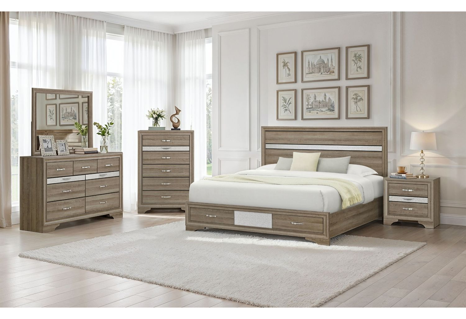 Seville - 5 Piece Full Bedroom Set (Bed, Dresser &amp; Mirror, Nightstand, Chest) - Brown / Natural