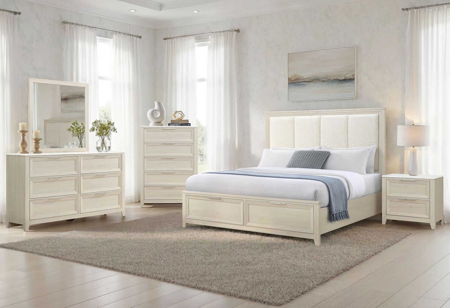 Mariah - 5 Piece Full Bedroom Set (Bed, Dresser &amp; Mirror, Nightstand, Chest) - Beige