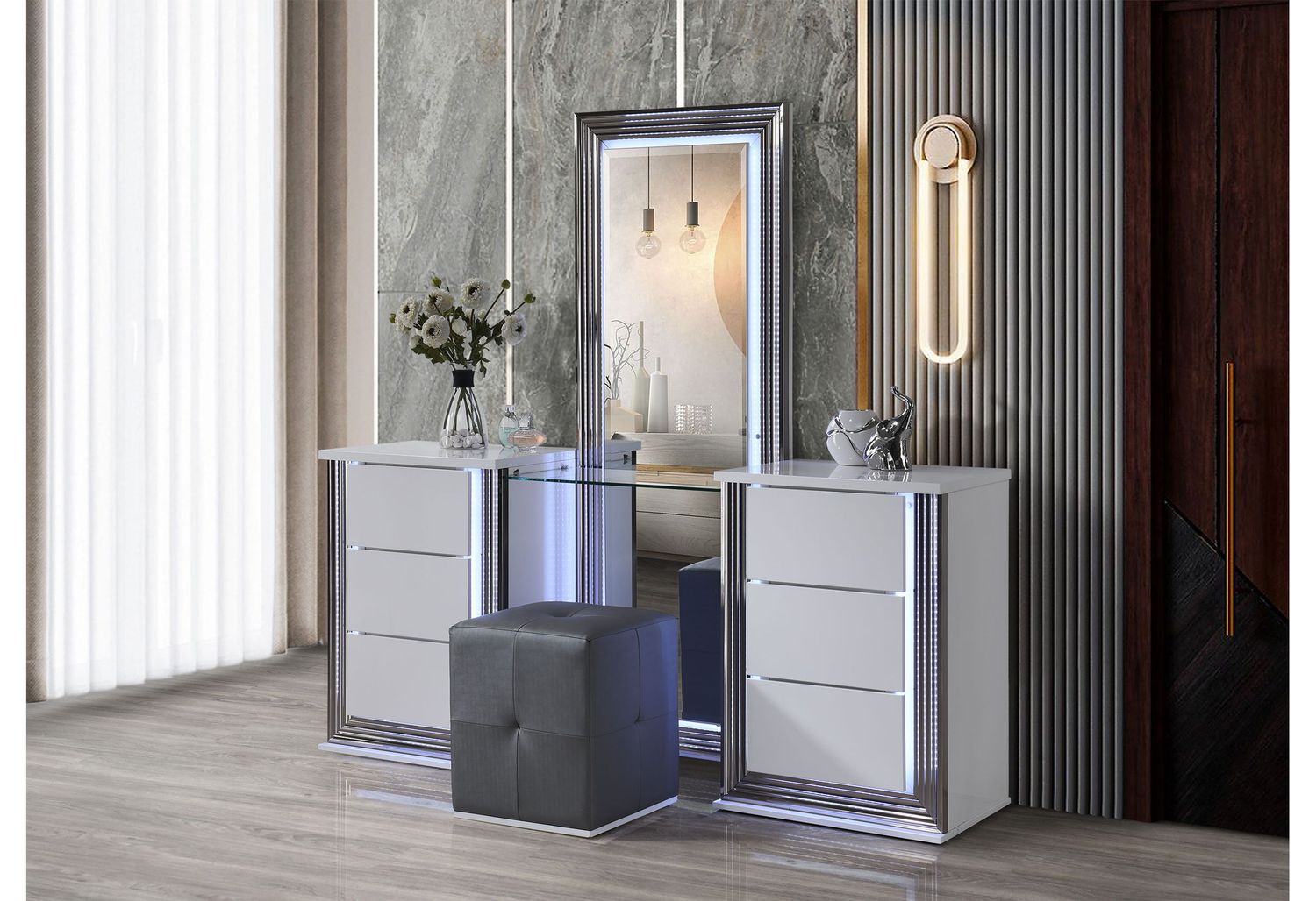 Ylime - Vanity With LED And Stool - White