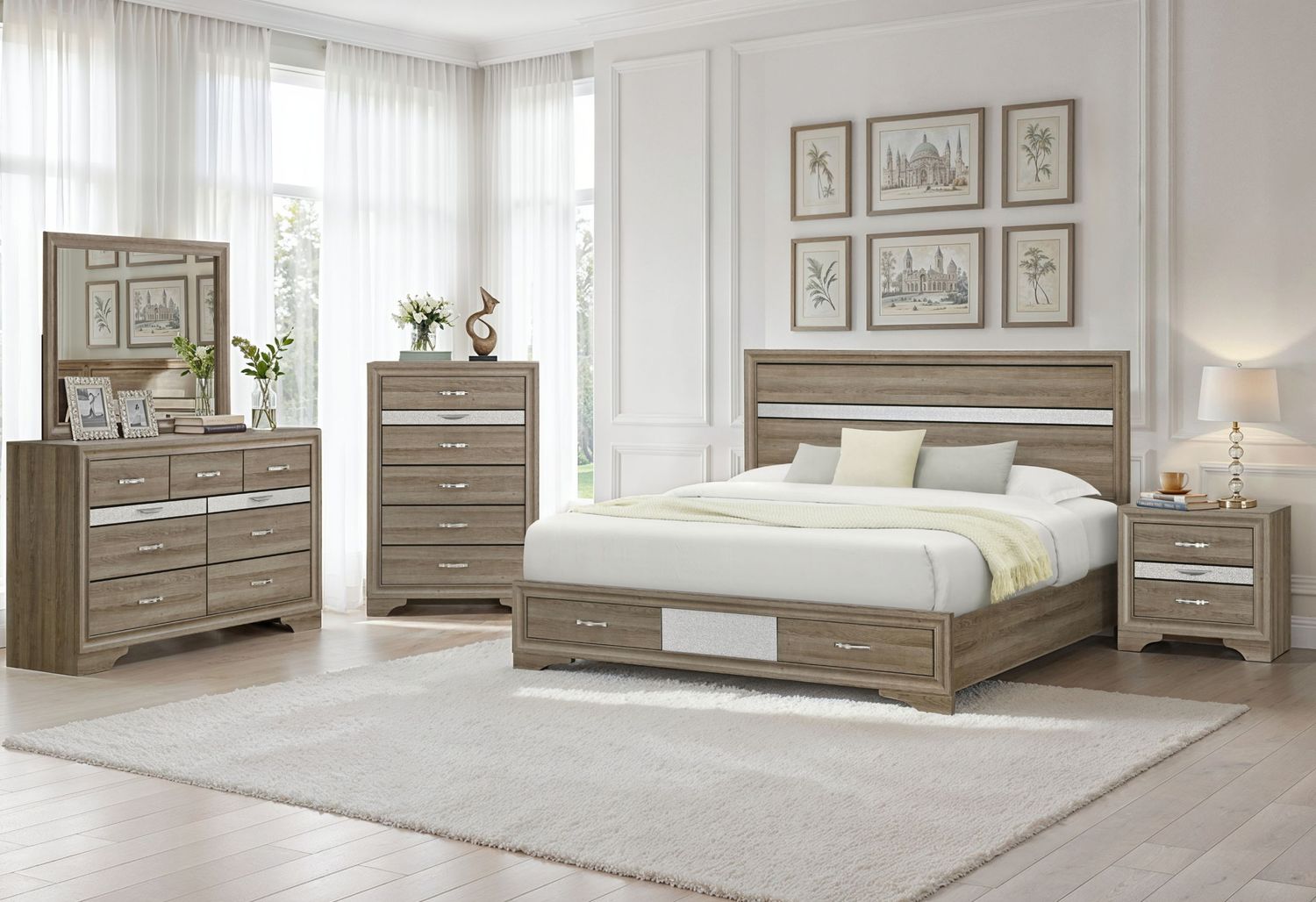 Seville - 5 Piece King Bedroom Set (Bed, Dresser &amp; Mirror, Nightstand, Chest) - Brown / Natural