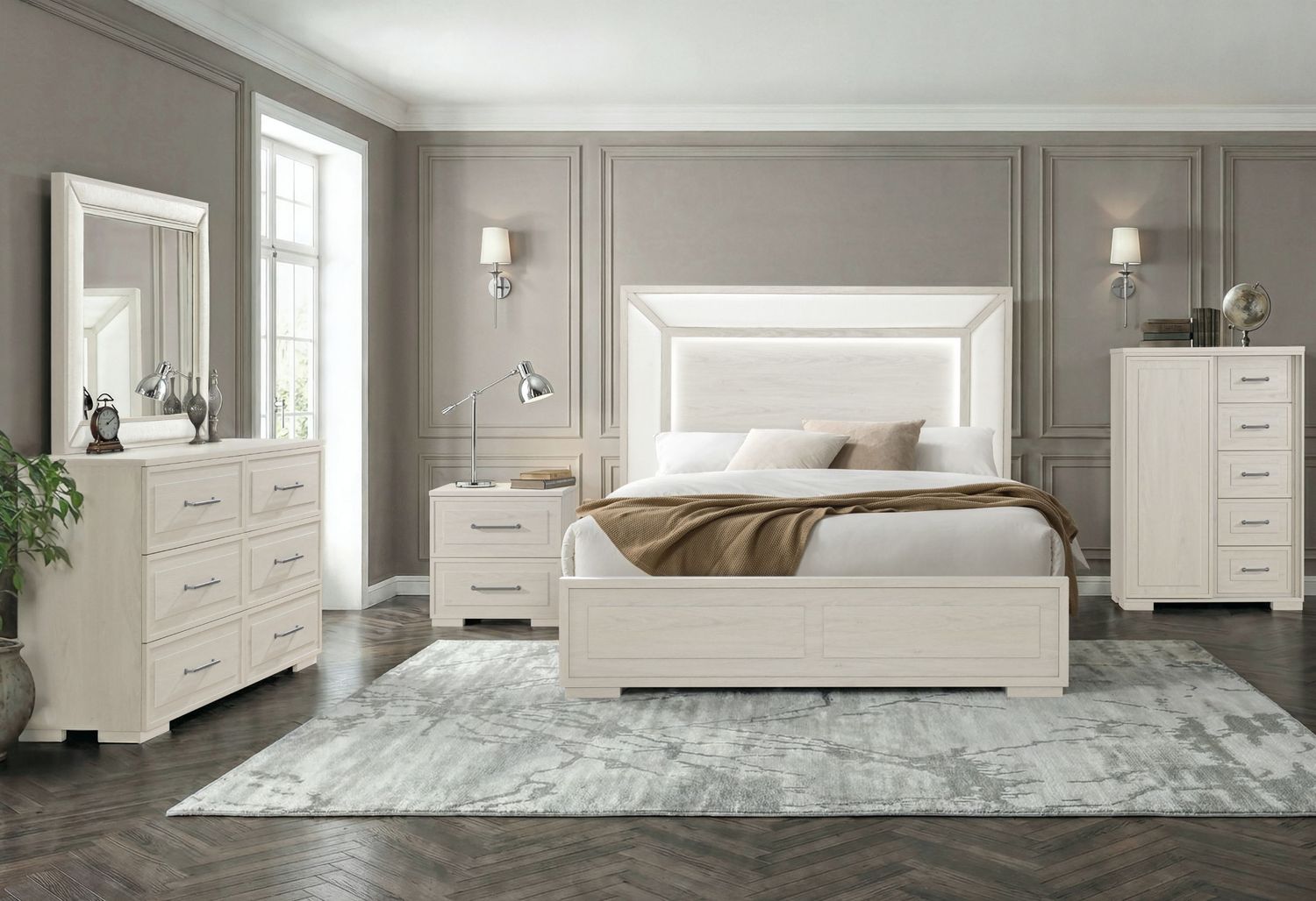 Clara - 5 Piece King Bedroom Set (Bed, Dresser &amp; Mirror, Nightstand, Chest) - Beige