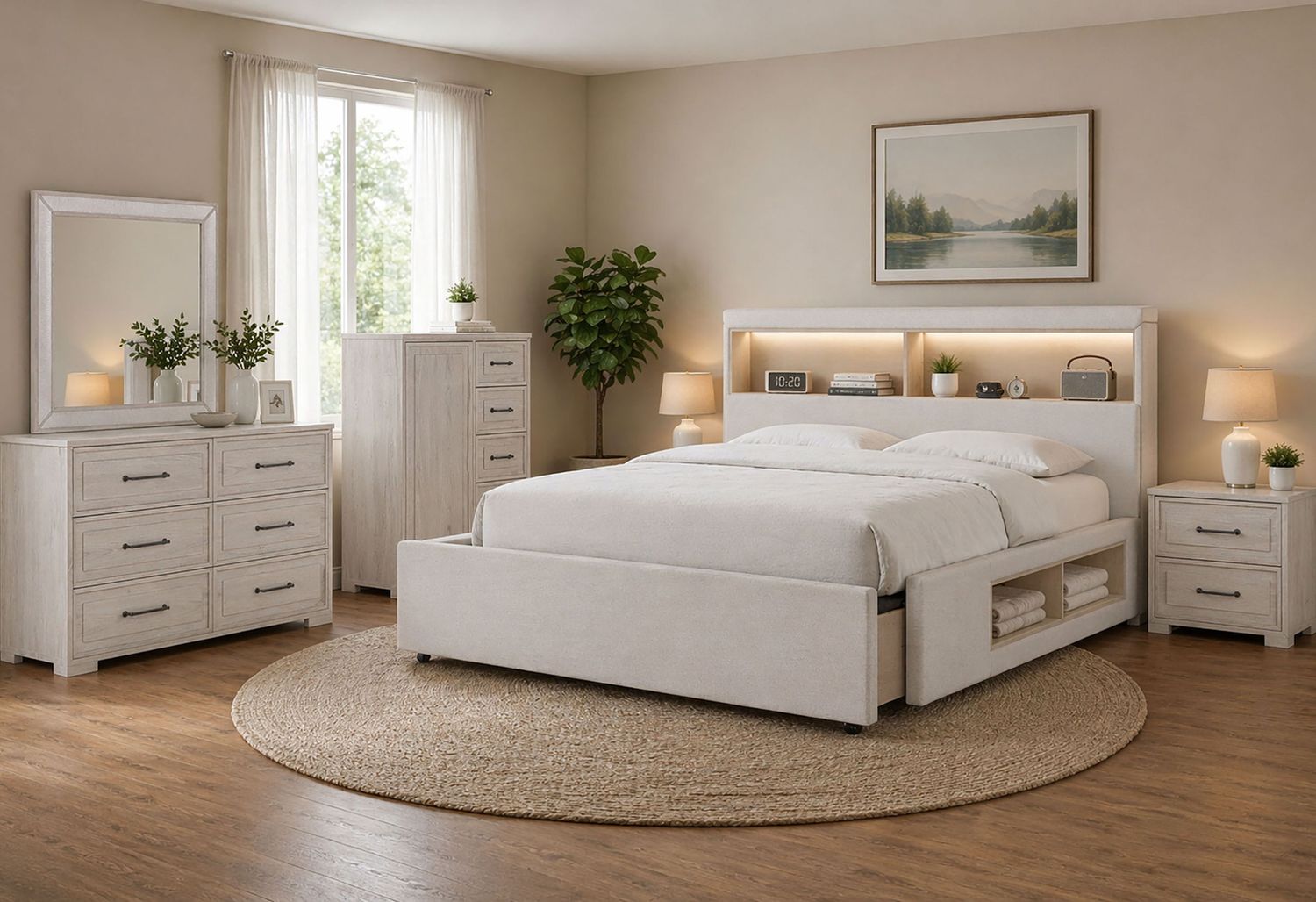 Sadie / Clara - 5 Piece Queen Bedroom Set (Bed, Dresser &amp; Mirror, Nightstand, Chest) - Beige