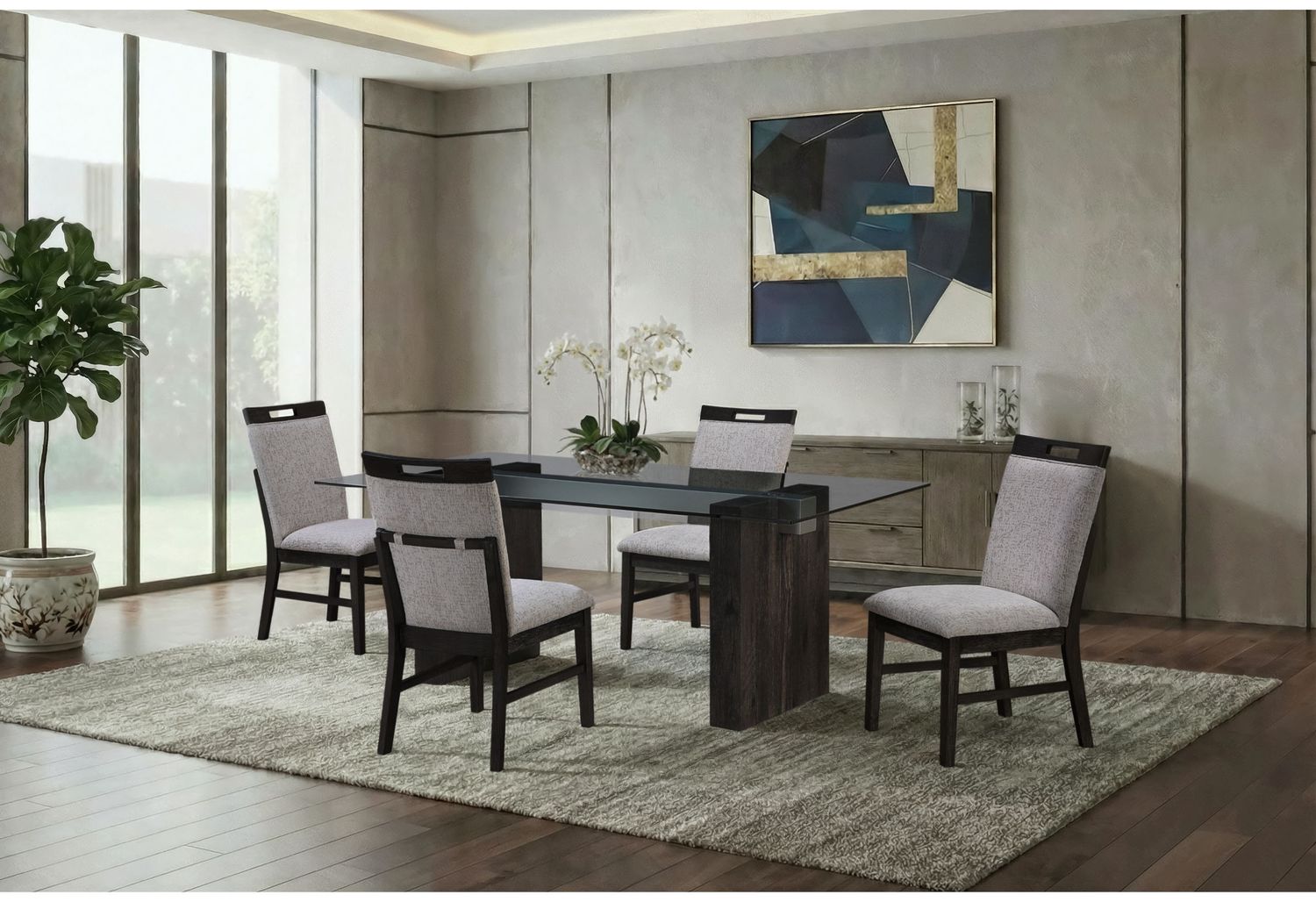 D4238 - 7 Piece Dining Room Set (Dining Table And 6 Dining Chairs) - Clear / Dark Brown / Light Gray
