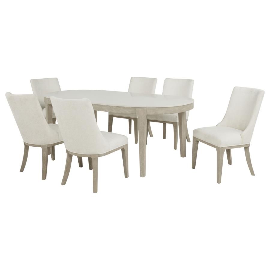 Lucaire 7-piece 84-inch Dining Set with Arched Chairs Honed Cream